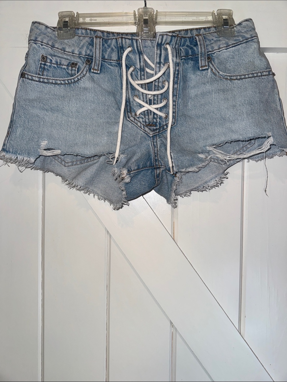 Aeropostale Light Blue Lace-Up Distressed Denim Shorts